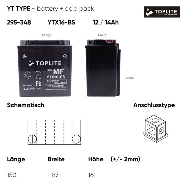 Toplite Motorradbatterie YTX16-BS 12V 14Ah