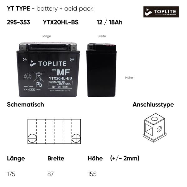 Toplite Motorradbatterie YTX20HL-BS 12V 18Ah