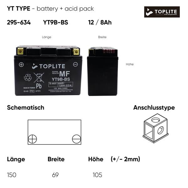 Toplite Motorradbatterie YT9B-BS 12V 8Ah