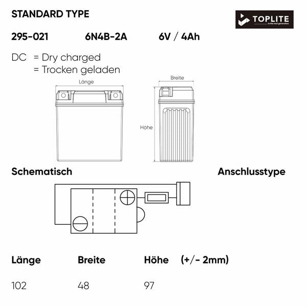 Toplite Motorradbatterie 6N4B-2A 6V 4Ah passend für Suzuki