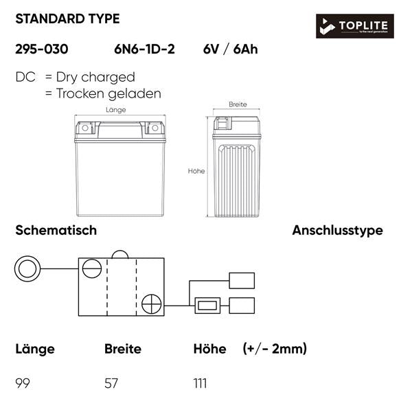 Toplite Motorradbatterie 6N6-1D-2 6V 6Ah passend für Kawasaki
