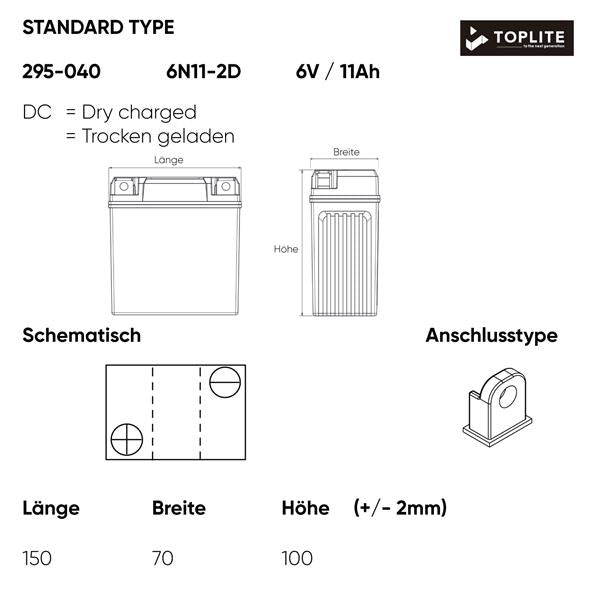 Toplite Motorradbatterie 6N11-2D 6V 11Ah