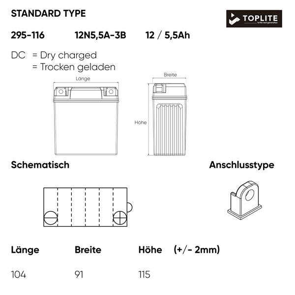Toplite Motorradbatterie 12N5 12V 5,5Ah passend für Yamaha