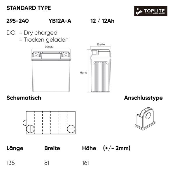 Toplite Motorradbatterie YB12A-A 12V 12Ah