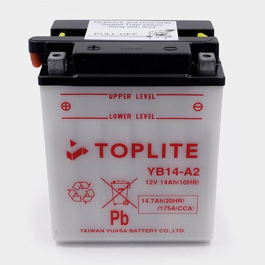 Toplite Motorradbatterie YB14-A2 12V 14,7Ah passend für Arctic Cat und Honda