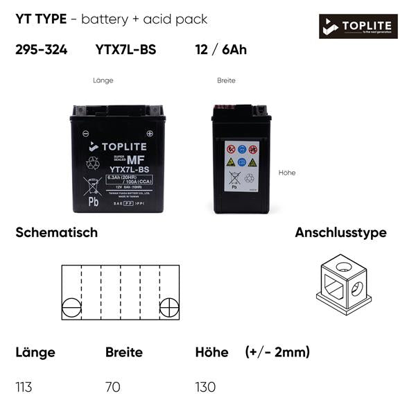 Toplite Motorradbatterie YTX7L-BS 12V 6,3Ah