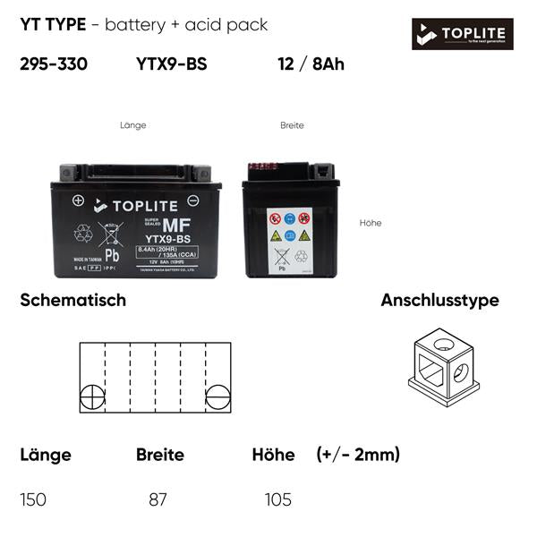 Toplite Motorradbatterie YTX9-BS 12V 8Ah