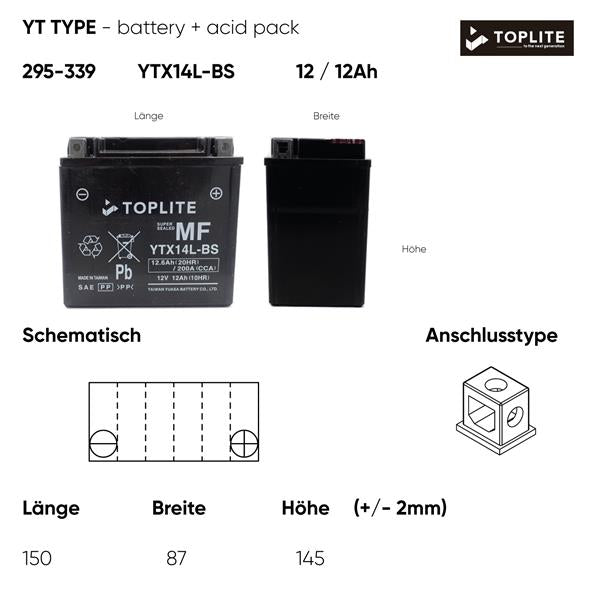 Toplite Motorradbatterie YTX14L-BS 12V 12Ah