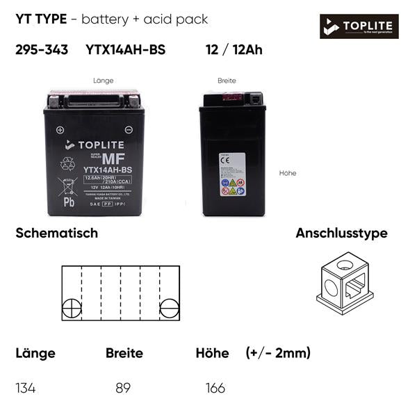 Toplite Motorradbatterie YTX14AH-BS 12V 12Ah passend für Piaggio und Yamaha