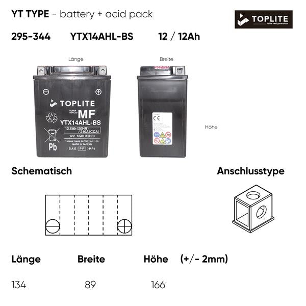 Toplite Motorradbatterie YTX14AHL-BS 12V 12Ah