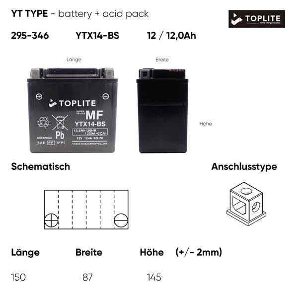 Toplite Motorradbatterie YTX14-BS 12V 12Ah