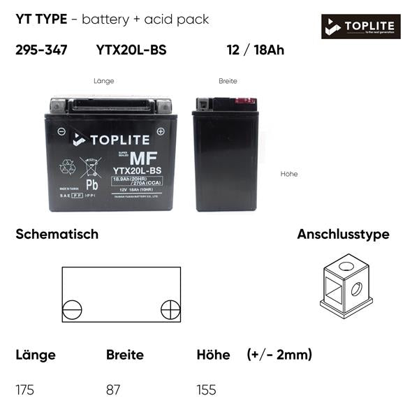 Toplite Motorradbatterie YTX20L-BS 12V 18Ah
