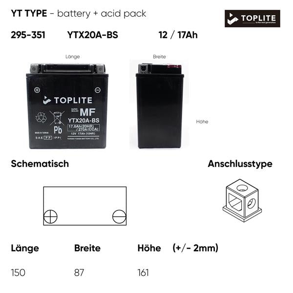 Toplite Motorradbatterie YTX20A-BS 12V 17Ah