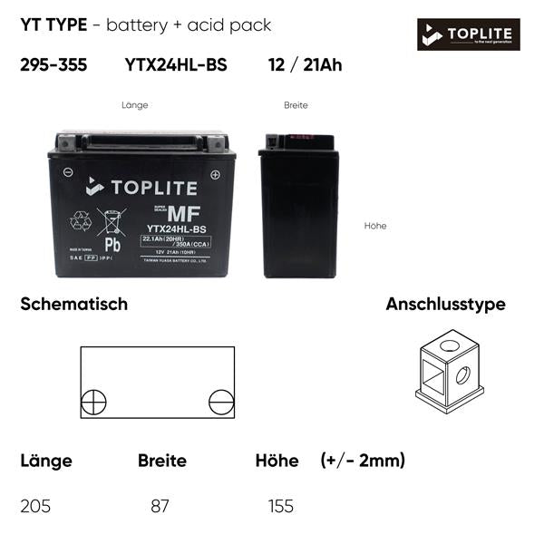 Toplite Motorradbatterie YTX24HL-BS 12V 21Ah