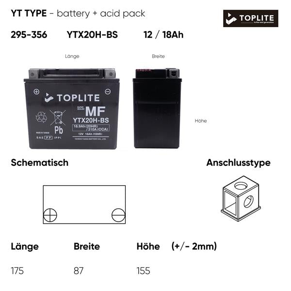 Toplite Motorradbatterie YTX20H-BS 12V 18Ah passend für Aprilia, Harley-Davidson und Moto Guzzi
