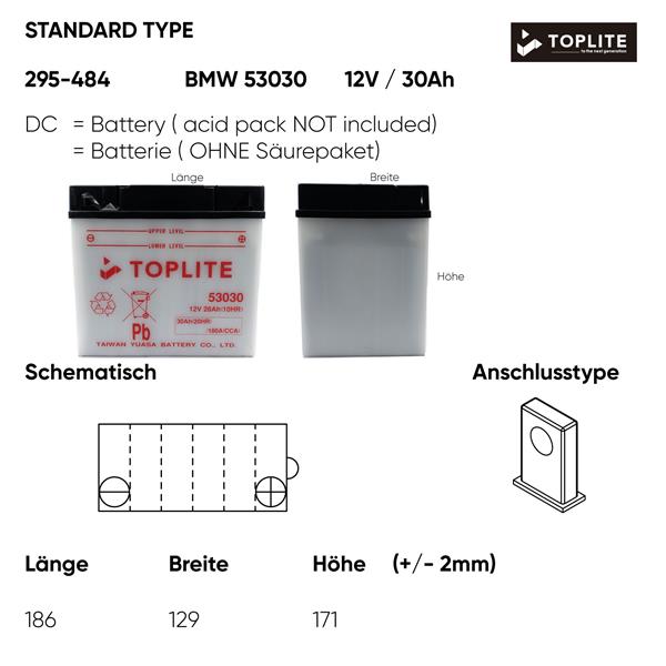 Toplite Motorradbatterie BMW 12V 30Ah passend für BMW, Harley-Davidson und Moto Guzzi
