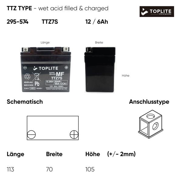 Toplite Motorradbatterie TTZ7S 12V 6Ah