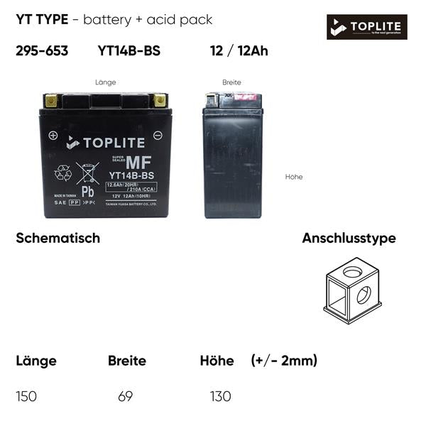 Toplite Motorradbatterie YT14B-BS 12V 12Ah passend für Hyosung und Yamaha