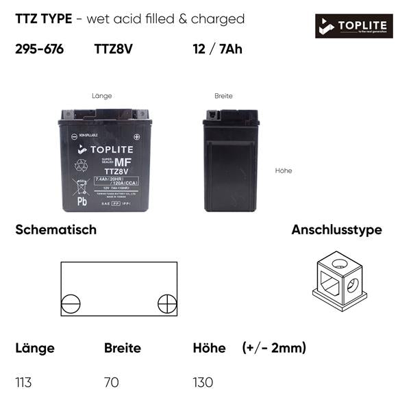Toplite Motorradbatterie TTZ8V 12V 7,0Ah passend für Honda, Kawasaki und Yamaha