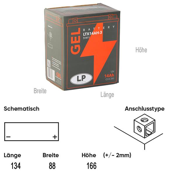 Landport Motorradbatterie LTX14AH-3 12V 14Ah