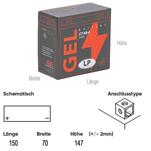 Landport Motorradbatterie LT14B-4 12V 12Ah passend für Hyosung und Yamaha
