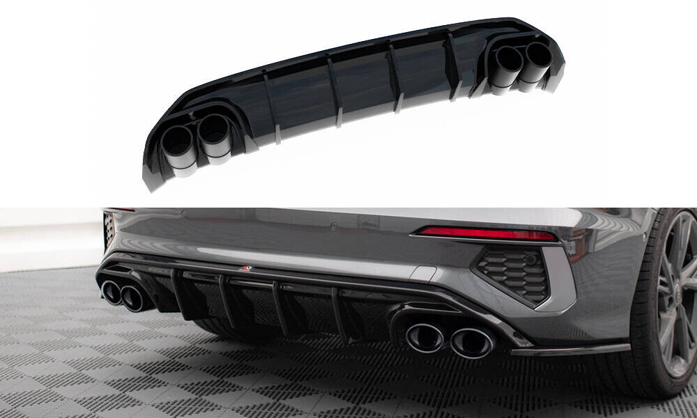 Heckansatz Diffusor + Endrohre chrom passend für Audi A3 S-Line Limousine 8Y schwarz Hochglanz