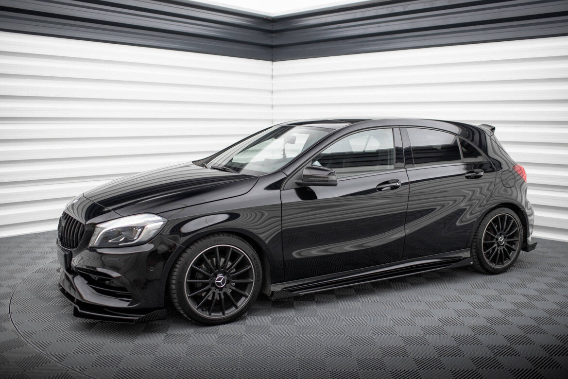 Street Pro Seitenschweller passend für Mercedes A AMG-Line W176 FL schwarz matt + Hochglanz Flaps
