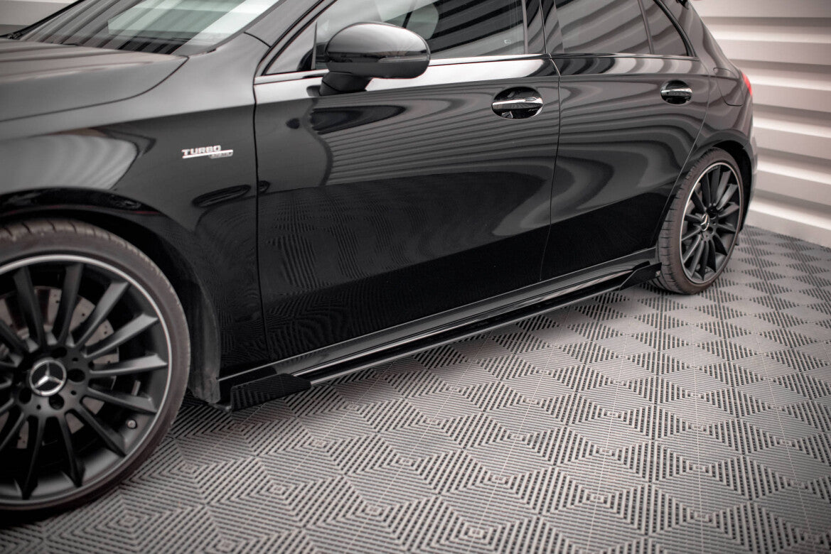 Street Pro Seitenschweller passend für Mercedes A35 AMG / AMG-Line Aero Pack W177 schwarz matt + Hochglanz Flaps