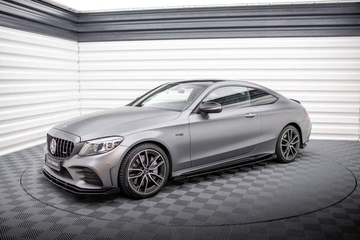 Street Pro Seitenschweller passend für Mercedes-AMG C43 Coupe / Cabrio C205 FL / A205 FL schwarz matt + Hochglanz Flaps