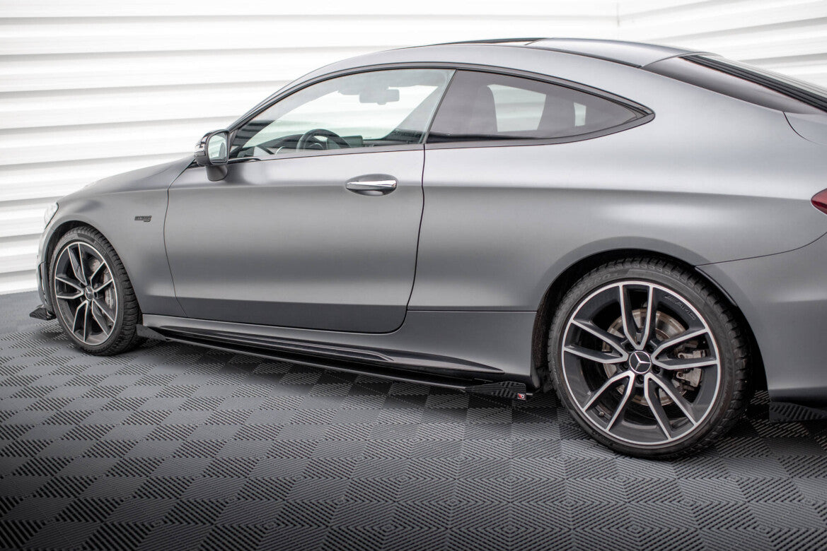 Street Pro Seitenschweller passend für Mercedes-AMG C43 Coupe / Cabrio C205 FL / A205 FL schwarz matt + Hochglanz Flaps