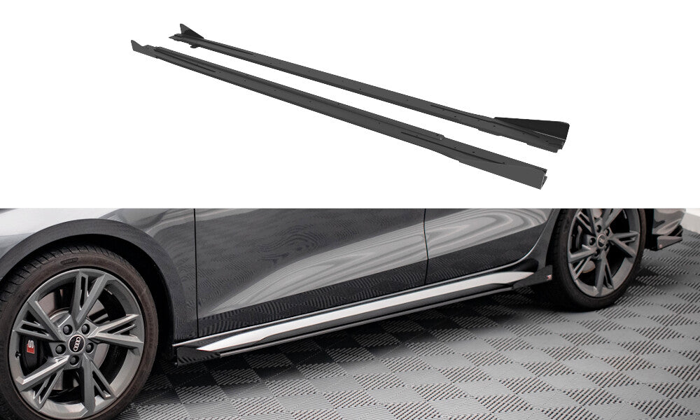 Street Pro Seitenschweller V.1 passend für Audi S3 / A3 S-Line 8Y / 8Y FL schwarz matt Hochglanz + Flaps