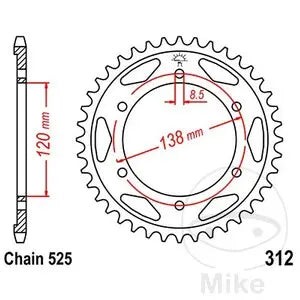 Kettenrad hinten Stahl JT JTR312.38, 38 Zähne Teilung 525